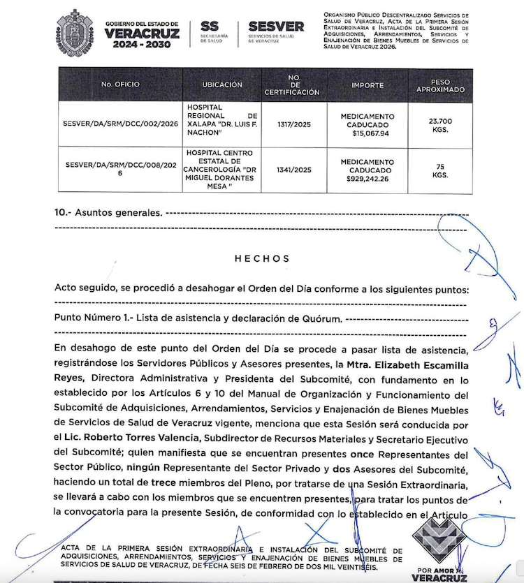 ACTA en la cual se asientan los importes de los medicamentos inservibles.