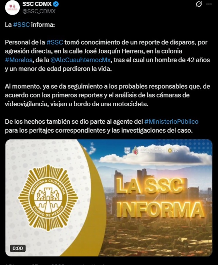 Los atacantes viajaban en una motocicleta, desde donde dispararon contra las víctimas en la colonia Morelos, informó la SSC-CDMX.