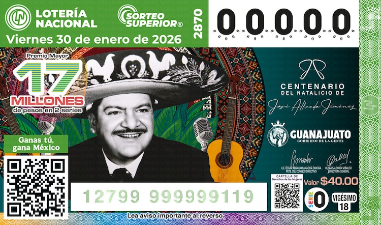 El billete del Sorteo Superior 2870 está dedicado al centenario del natalicio de José Alfredo Jiménez.