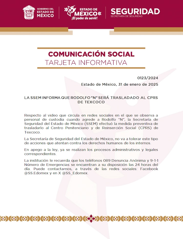 Comunicado de prensa de la Secretaría de Seguridad Edomex sobre Rodolfo "N"