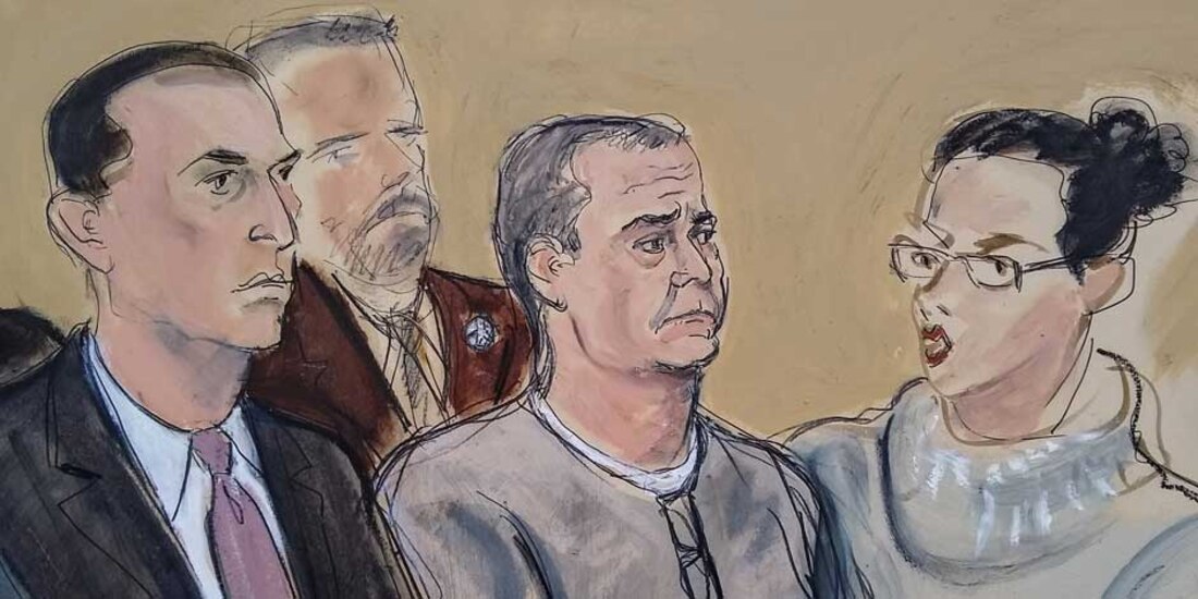 Boceto del 3 de enero de 2020, de una audiencia del ex secretario de Seguridad de México, Genaro García Luna