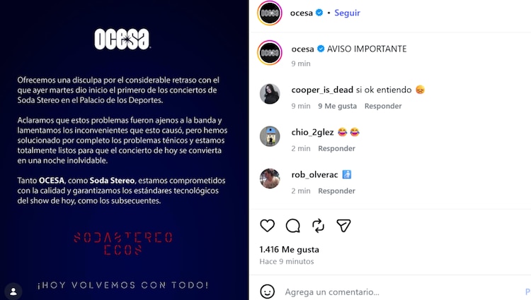 Aviso de Ocesa y Soda Stereo