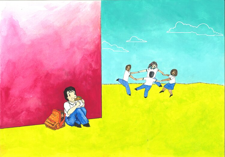 Pepito esconde su muñeca en su mochila.