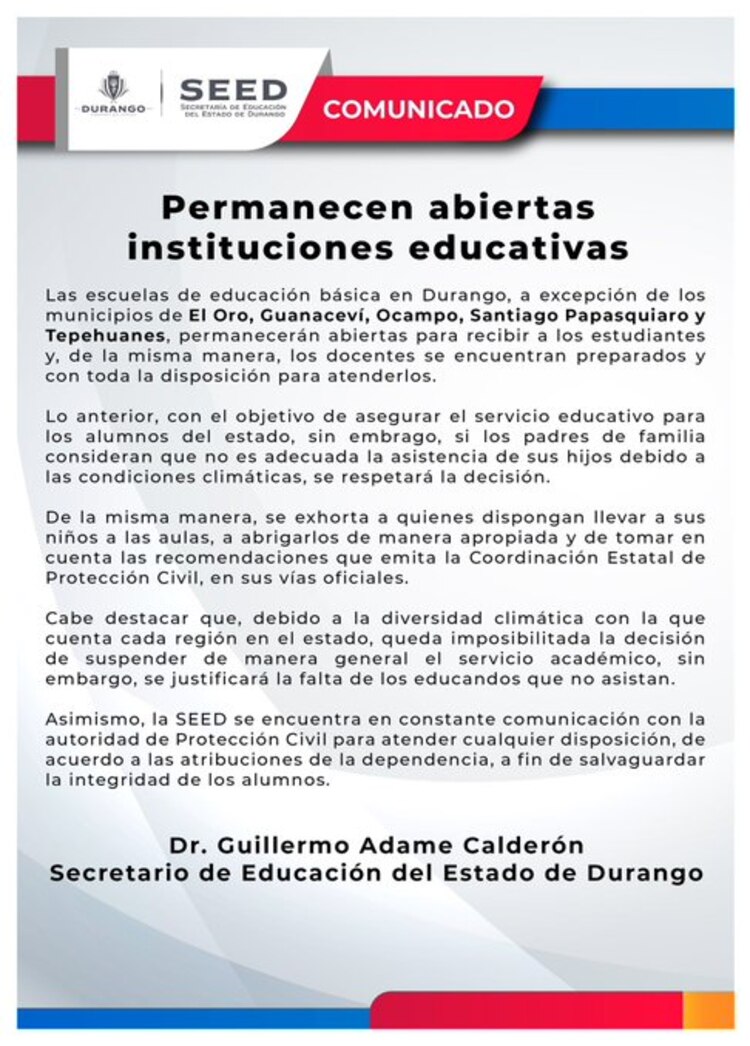 En Durango continuarán las clases pese a las baja temperaturas registradas en la entidad.
