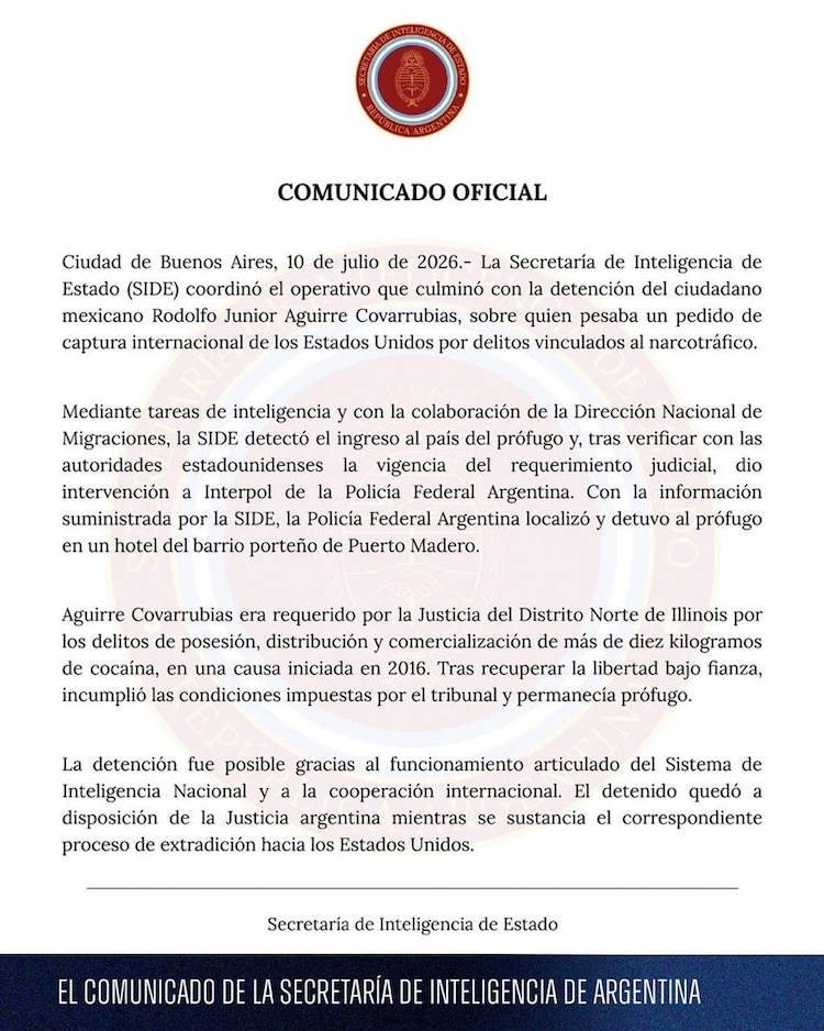 Comunicado de la inteligencia argentina sobre la detención de Rodolfo Junior Aguirre Covarrubias.