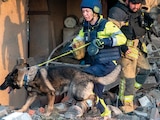 EQUIPOS de rescate buscan víctimas entre los escombros en Járkov, ayer.