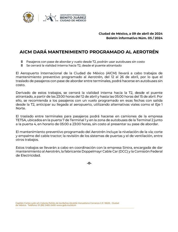 Aerotrén del AICM va a estar fuera de servicio del 12 al 26 de abril.