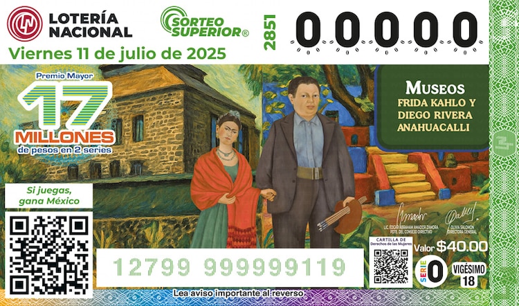 El billete del Sorteo Superior 2851 está dedicado al 70 aniversario del Museo Frida Kahlo y Diego Rivera-Museo Anahuacalli.