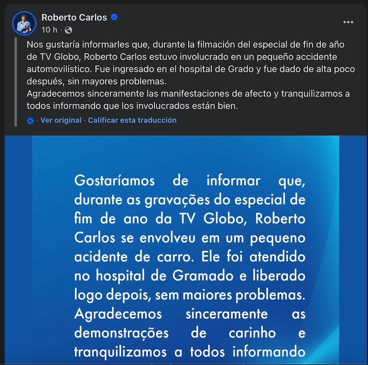 Comunicado sobre el accidente de Roberto Carlos
