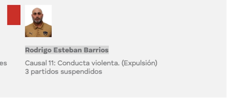 Rodrigo Esteban Barrios recibió tres partidos de suspensión.