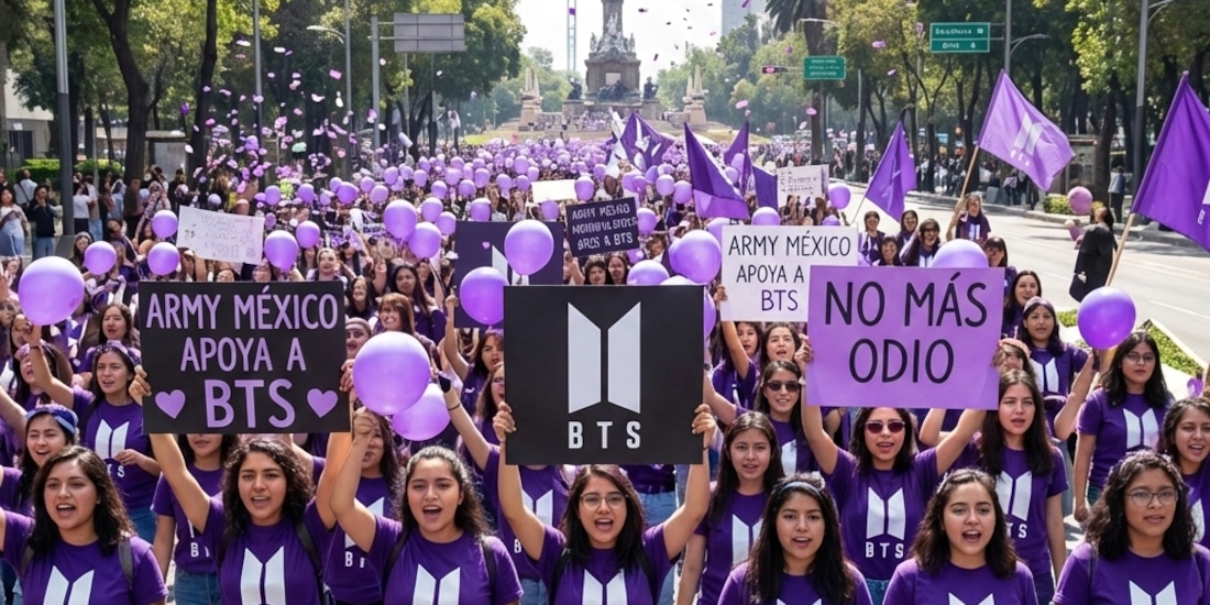Ilustración generada con IA que representa una marcha de ARMY en la CDMX.