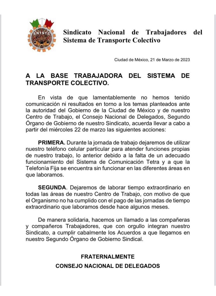 Comunicado emitido por el Sindicato Nacional de Trabajadores del Sistema del Transporte Colectivo Metro.