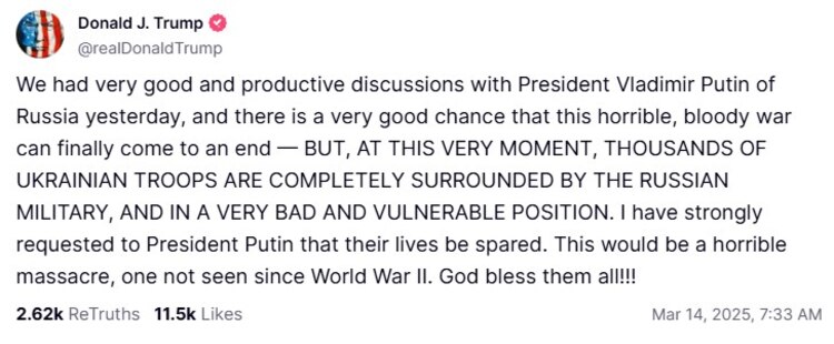 Mensaje del presidente de EU Donald Trump en la red social Truth.