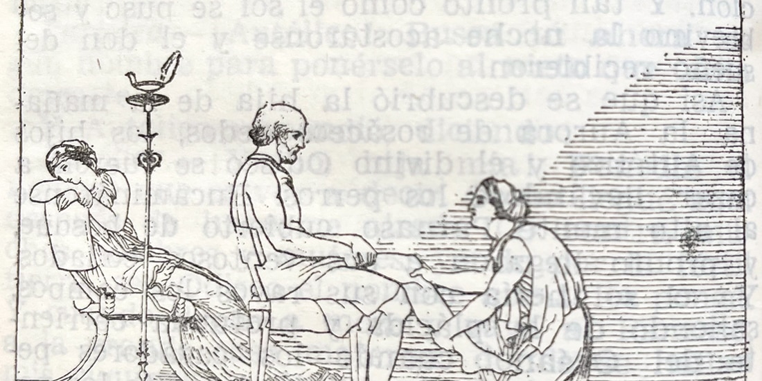 En el Canto XIX de la Odisea, la nodriza Euriclea descubre la cicatriz
de Odiseo al lavarle los pies, mientras Penélope permanece pensativa.