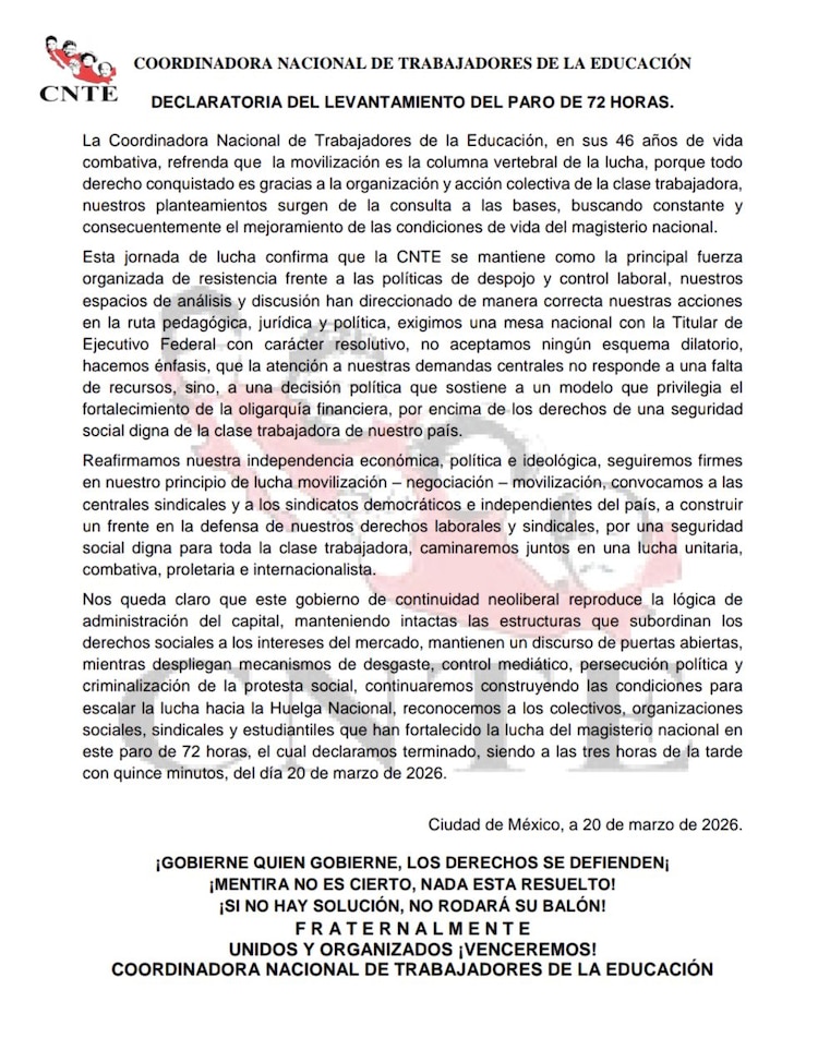 Comunicado de la CNTE, donde anuncia el fin del paro.