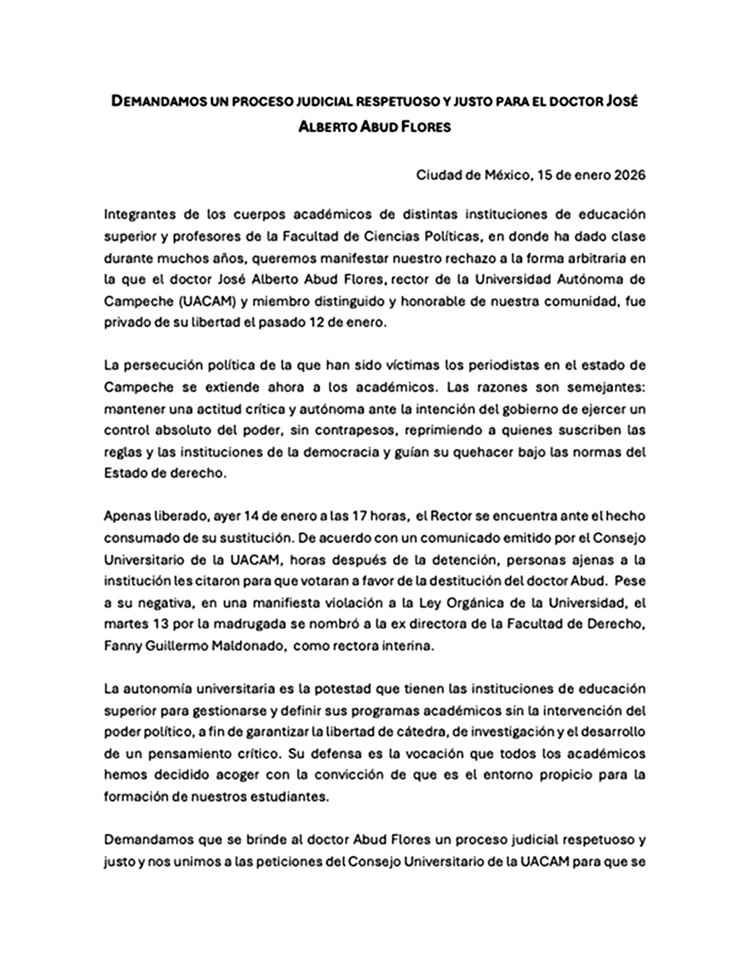 El pronunciamiento suscrito ayer por más de 80 académicos, investigadores y profesores de diversas instituciones de educación superior del país.
