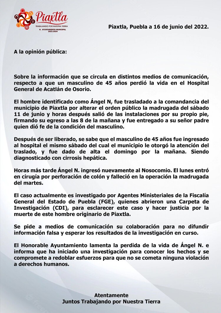 Comunicado del Ayuntamiento de Piaxtla.
