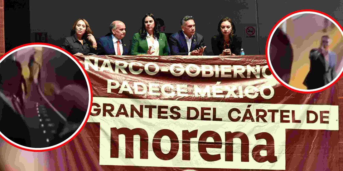 Senadores del PRI chocan con trabajadores del Senado por quitar lona del ‘Cartel de Macuspana’.