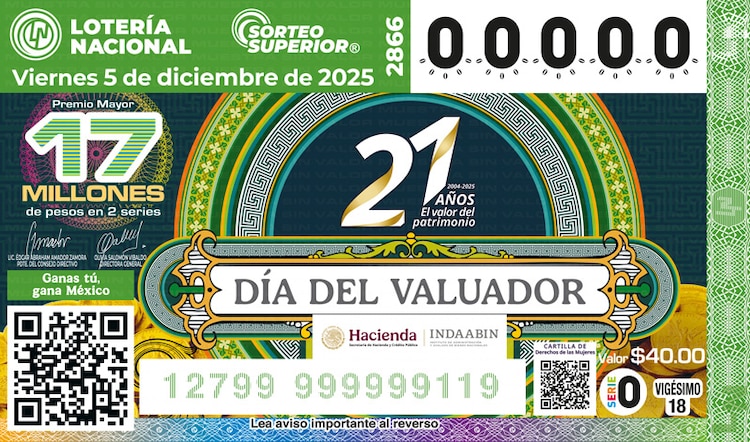 El billete del Sorteo Superior 2866 está dedicado al 21 aniversario del Instituto de Administración y Avalúos de Bienes Nacionales (INDAABIN), en el Día del Valuador.