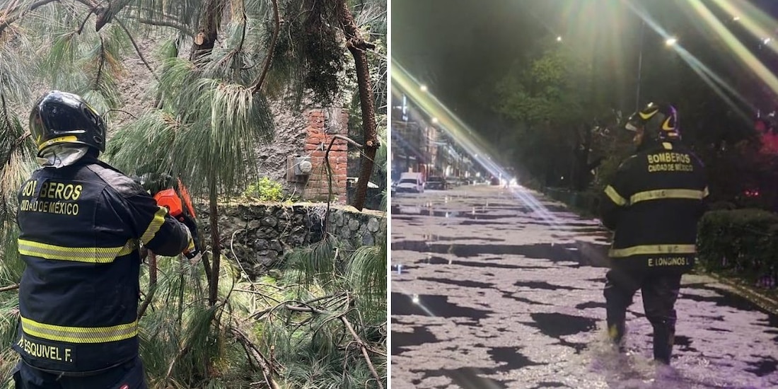Bomberos atienden afectaciones en la CDMX por intensas lluvias del sábado.