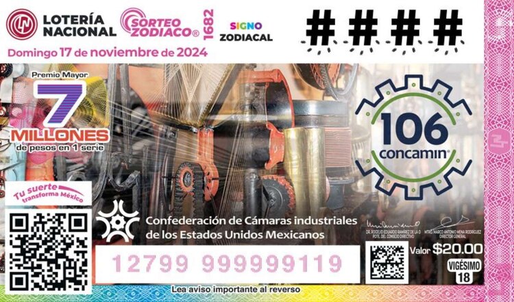 El billete del Sorteo Zodiaco está dedicado al 106 Aniversario de CONCAMIN.