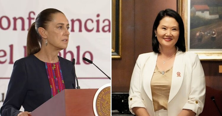 Claudia Sheinbaum (izq.) aseguró que sí hay intención de México de restablecer relaciones con Perú; Keiko Fujimori (der.) asumirá como presidenta de ese país.