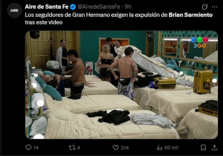 El polémico video de Brian Sarmiento por el que piden su expulsión de Gran Hermano