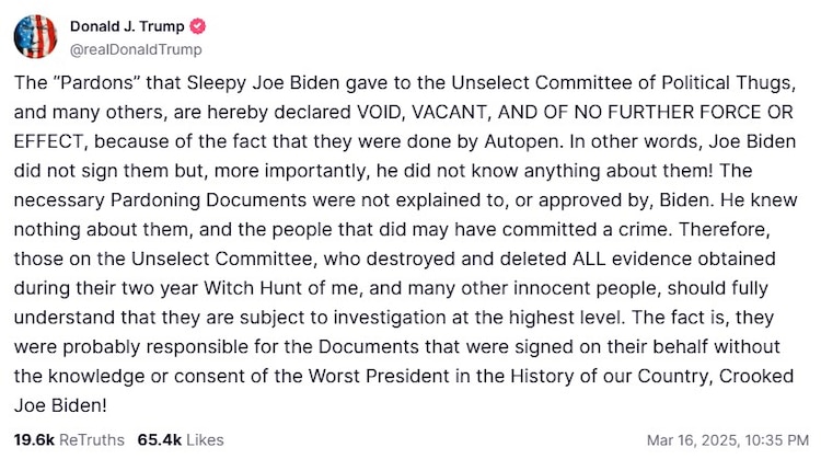 Mensaje de Trump en la red social Truth.