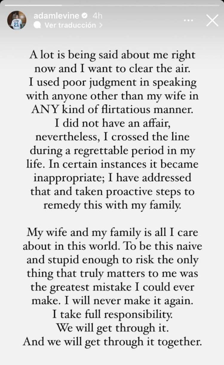 Mensaje de Adam Levine sobre supuesta infidelidad