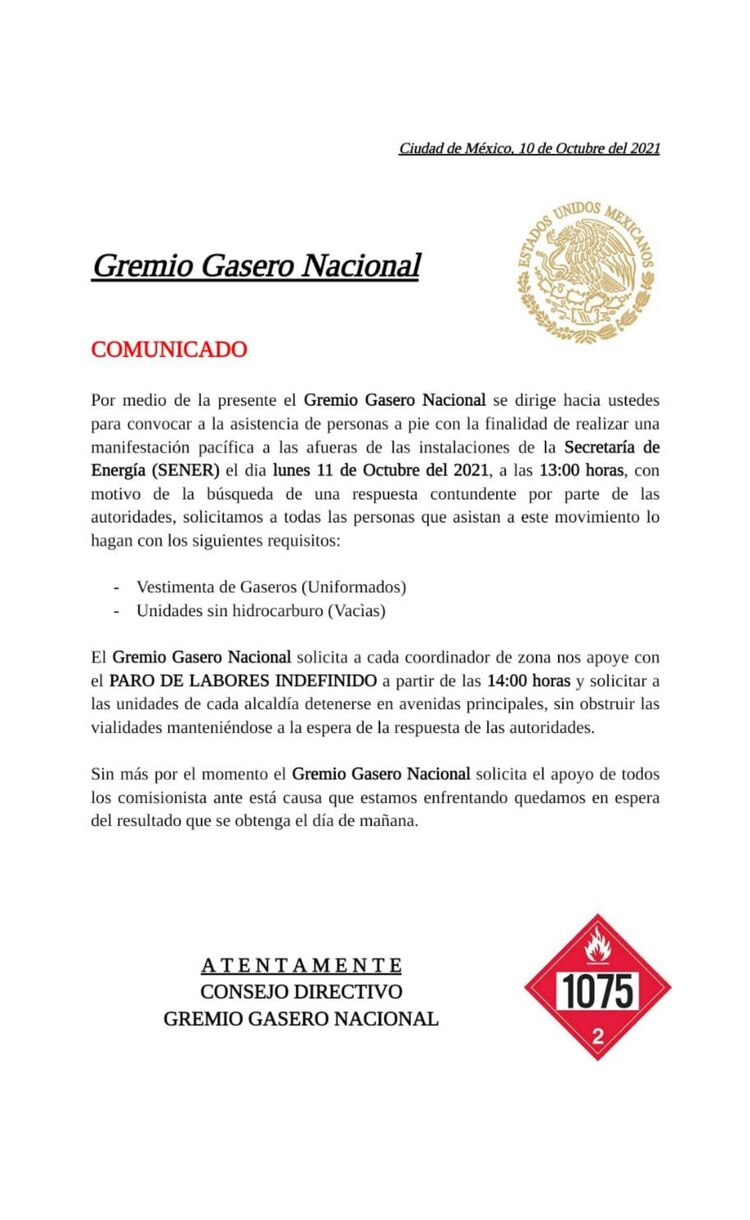 Comunicado del Gremio Gasero.