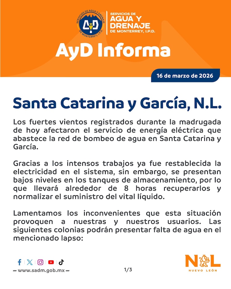 Comunicado del Servicio de Agua y Drenaje de Monterrey