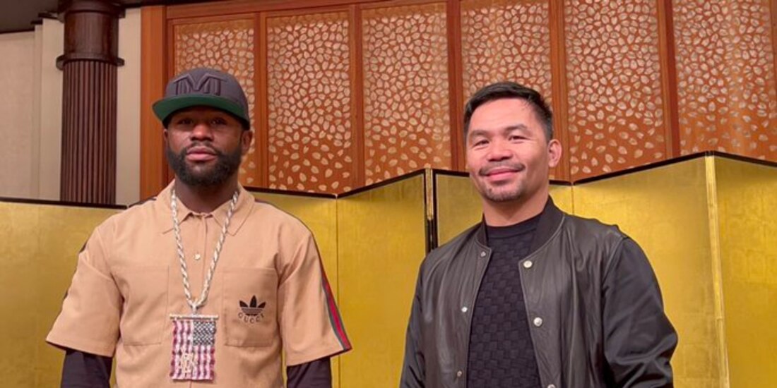 Floyd Mayweather y Manny Pacquiao, en la conferencia de prensa de la pelea del estadounidense ante Mikuru Asakura.