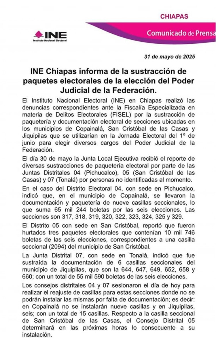 Comunicado sobre el robo de paquetes electorales en Chiapas.
