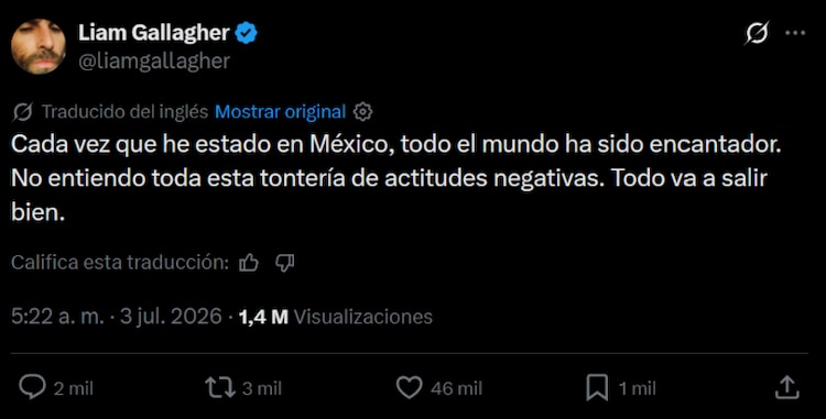 Mensaje de Liam Gallagher para la afición mexicana