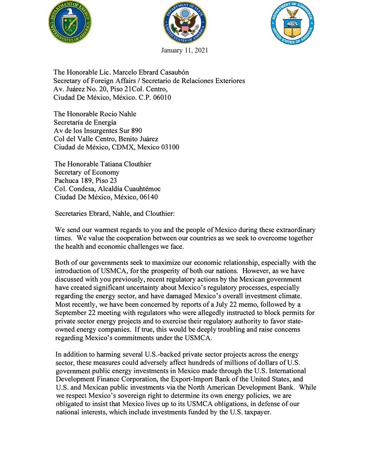 Primera página de la carta de los secretarios de Estado de EU.