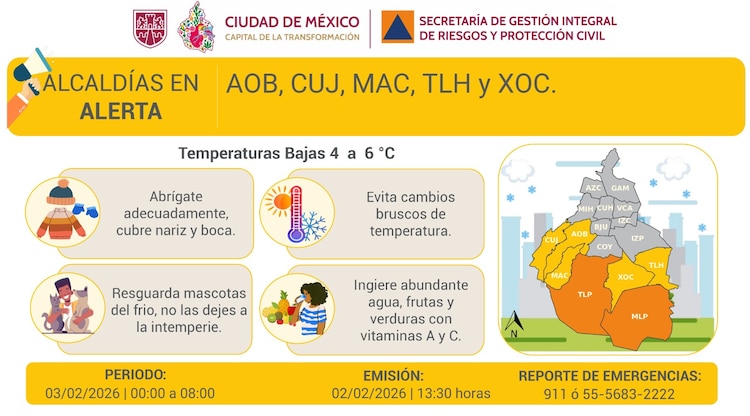 Alcaldías con Alerta Amarilla por frío para el amanecer de este martes 3 de febrero de 2026.