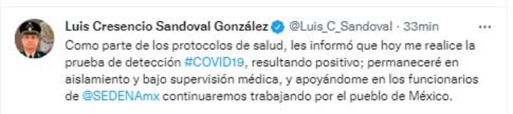 El mensaje de Luis Cresencio Sandoval en Twitter
