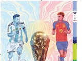En la imagen, Lionel Messi, de Argentina y Lamine Yamal, de España, selecciones que buscan ganar la Copa del Mundo el próximo domingo