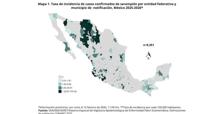 Tasa de incidencia de casos confirmados de sarampión por entidad federativa y
municipio de notificación, México 2025-2026