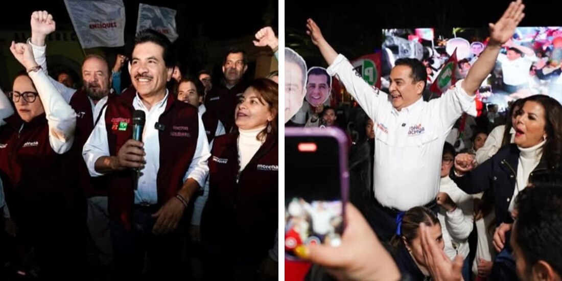 El candidato a la alcaldía de Durango de la alianza MorenaPT-PVEM, José Ramón Enríquez, en la Plaza IV Centenario, ayer. │ El abanderado de la coalición PAN-PRI,
José Antonio Ochoa Rodríguez, en la Fuente de las Alamedas, ayer.