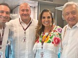 De izq. a der.: Mauricio Vila, Enrique Alfaro, Mara Lezama y el Presidente en el Tren Maya, ayer.