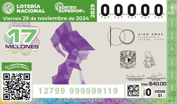 El billete del Sorteo Superior 2829 está dedicado a los 100 años de la fundación de la Facultad de Filosofía y Letras.