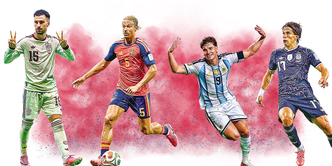 En la imagen, los futbolistas Alex Baena, Marcos Llorente, Julián Álvarez y Giuliano Simeone