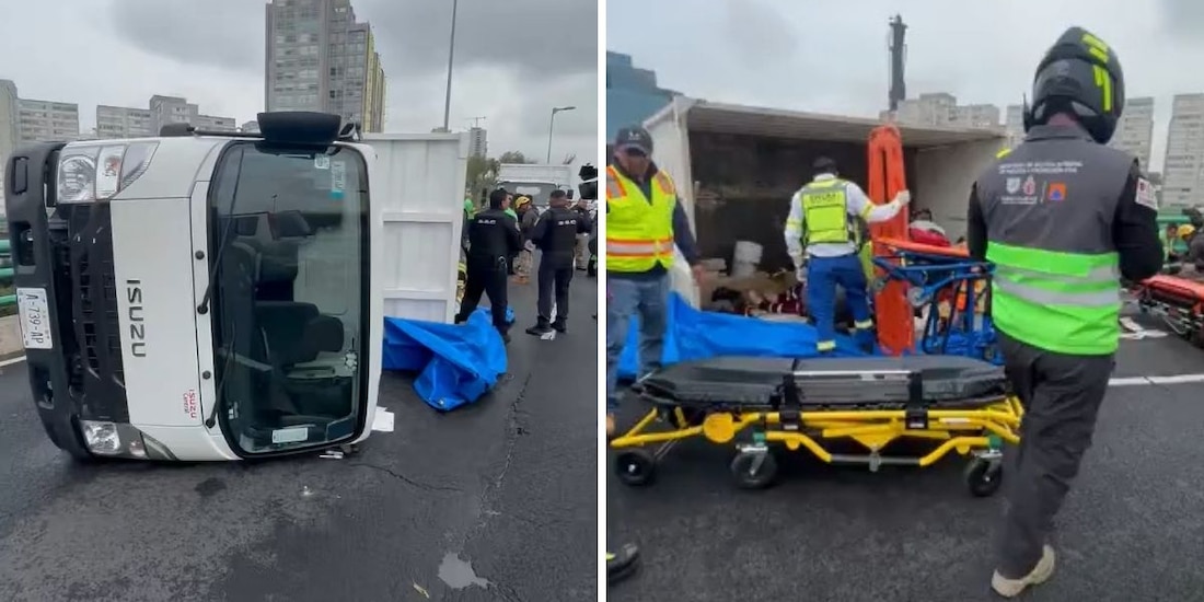 Camión con trabajadores de limpia de la CDMX vuelca sobre Periférico Sur.