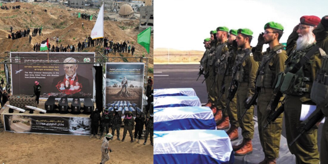 (izq.) En un escenario, combatientes islámicos embozados colocan los féretros frente a una lona contra Benjamin Netanyahu. (der,) Miembros del ejército israelí rinden honores a las víctimas, tras colocar banderas sobre sus ataúdes.