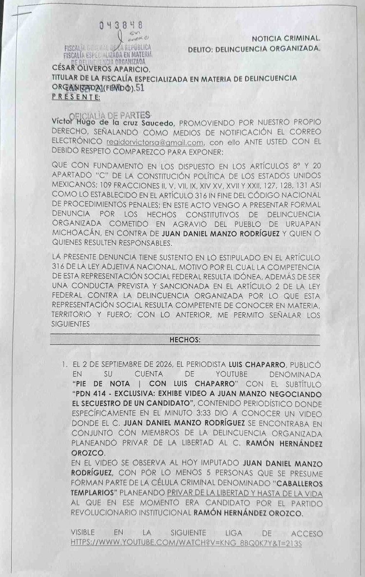 La solicitud de investigación por presunta vinculación delictiva se presentó ante la Fiscalía Especializada en Materia de Delincuencia Organizada (FEMDO).