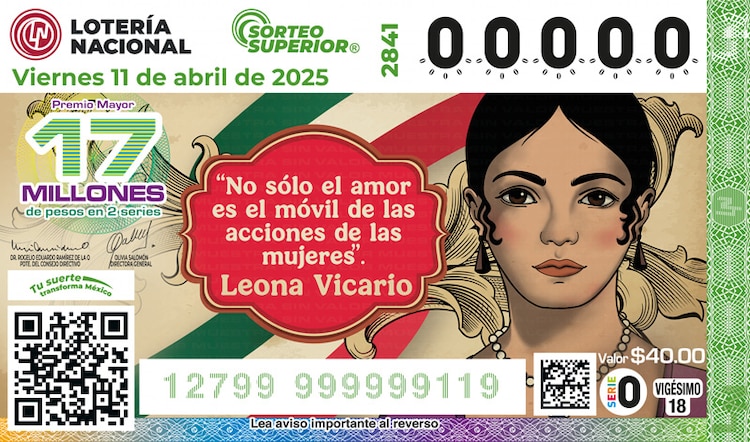 El billete del Sorteo Superior 2841 está dedicado a Leona Vicario, un símbolo de la lucha por la independencia de México y del empoderamiento femenino.