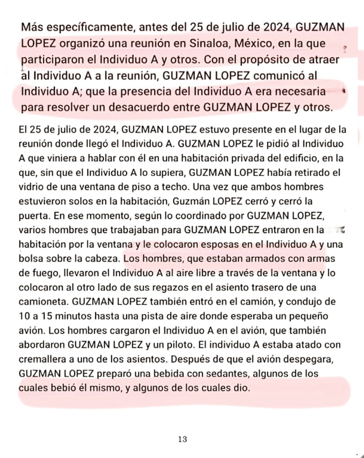 Declaración de Joaquín Guzmán López sobre cómo secuestró a El Mayo, presentada ayer en una corte de Illinois, en Estados Unidos.