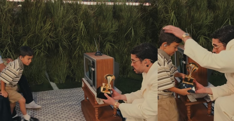 Bad Bunny entrega Grammy a un niño durante el medio tiempo del Super Bowl
