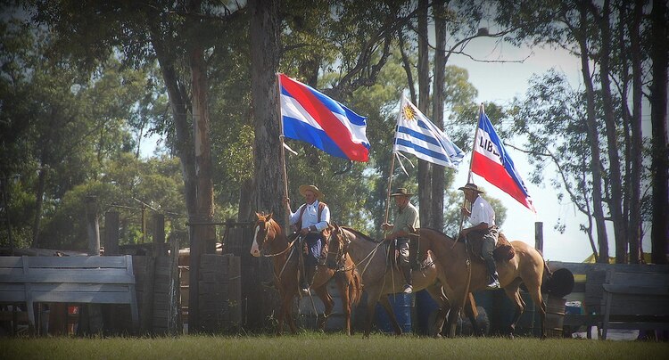 Al centro, la Bandera de Artigas.